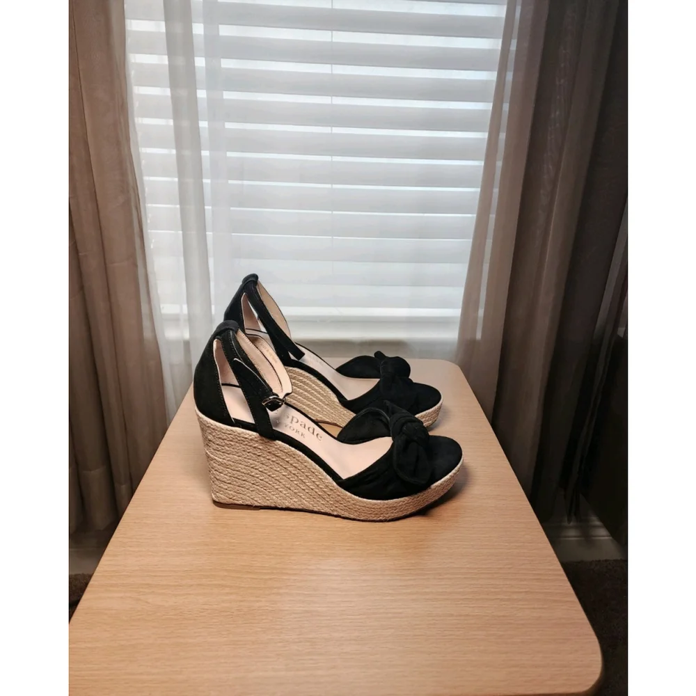 Kate Spade Tianna Suede LEATHER Bow Strap Espadrille Wedge Sandal 10 B BLACK